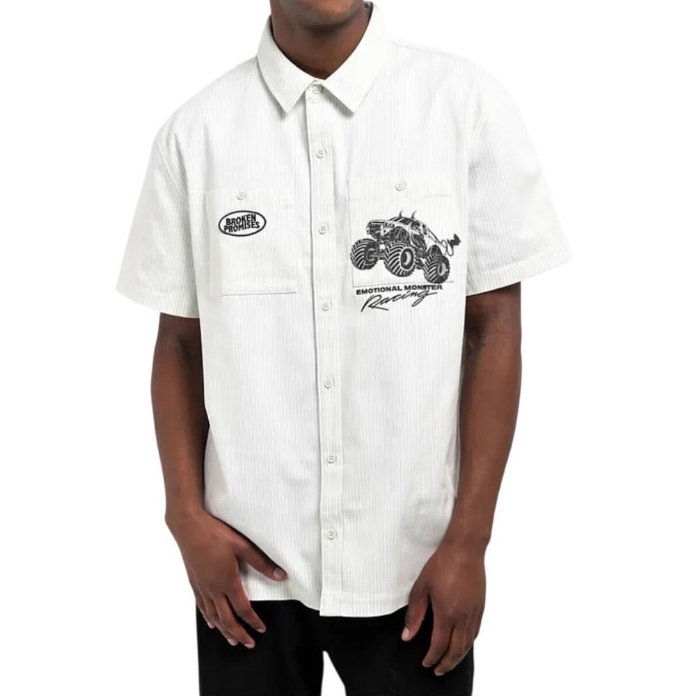 Broken‎ Promises Last Race Short Sleeve Button Up Work Shirt Pinstripe Medium